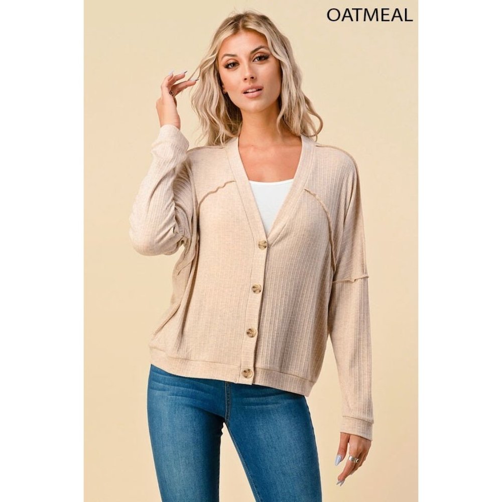COZY Oatmeal Semi Ribbed Knit Cardigan
